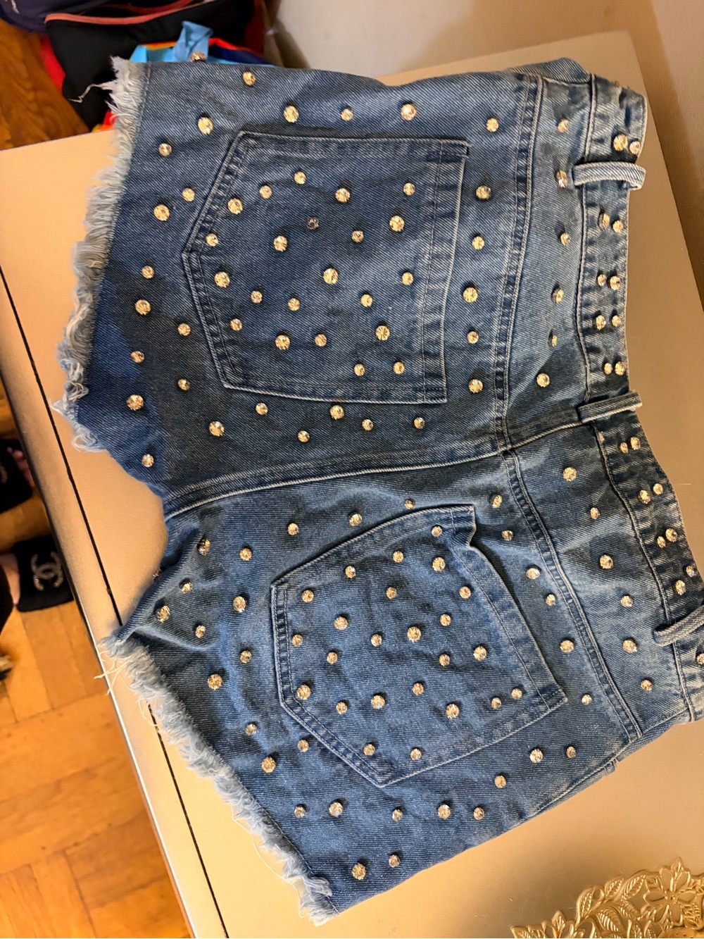 Le Lis Blue Denim shorts with crystal accents